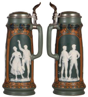 Mettlach stein, 2.0L, 14.4" ht., 2762, cameo, inlaid lid, mint. - 2