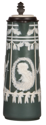 Mettlach stein, 2.2L, 14.3" ht., 3177, cameo, inlaid lid, mint.