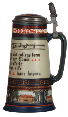 Mettlach stein, 1.0L, 2871, etched, Cornell University, inlaid lid, mint. - 2