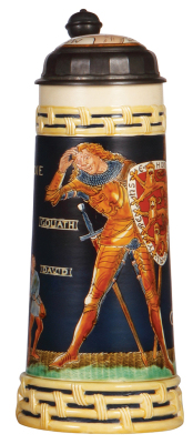 Mettlach stein, 1.0L, 2718, etched & glazed, David & Goliath, inlaid lid, mint.