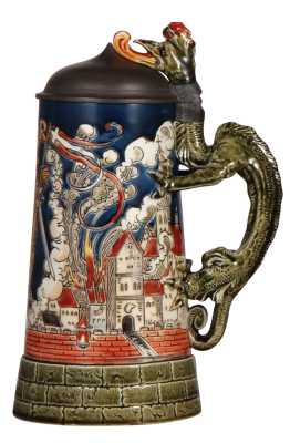 Mettlach stein, 1.0L, 1786, etched & glazed, St. Florian, pewter lid, mint. - 2