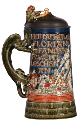 Mettlach stein, 1.0L, 1786, etched & glazed, St. Florian, pewter lid, mint. - 3