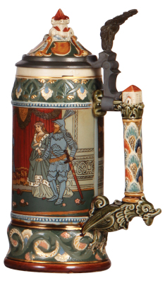 Mettlach stein, 1.0L, 2391, etched, Wedding of the Swan Knight, inlaid lid, mint. - 2