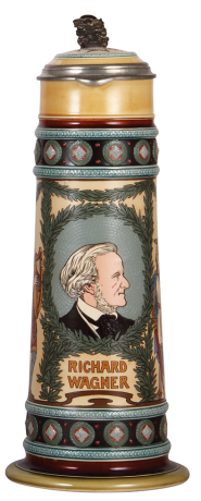 Mettlach stein, 4.1L, 18.6" ht., 2797, etched, Richard Wagner, inlaid lid, mint.