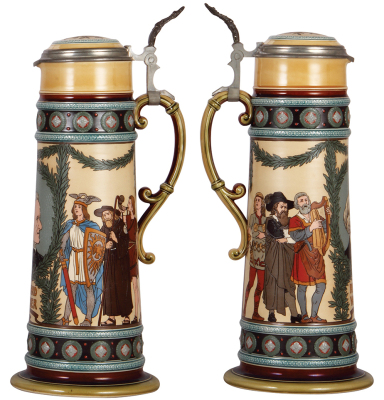 Mettlach stein, 4.1L, 18.6" ht., 2797, etched, Richard Wagner, inlaid lid, mint. - 2