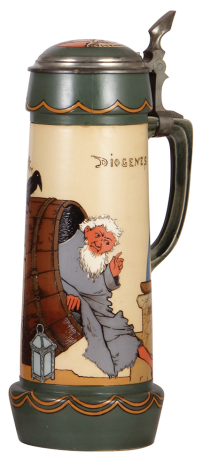 Mettlach stein, 3.0L, 16.5" ht., 3099, etched, by H. Schlitt, inlaid lid, mint.