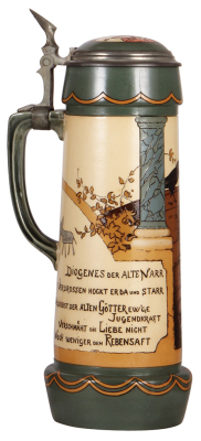 Mettlach stein, 3.0L, 16.5" ht., 3099, etched, by H. Schlitt, inlaid lid, mint. - 2