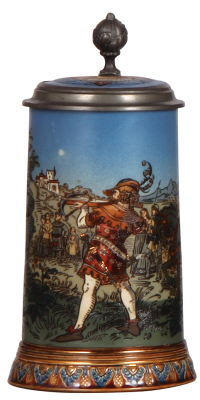 Mettlach stein, .5L, 2082, etched, William Tell, inlaid lid, mint.