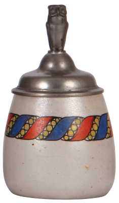 Stoneware stein, .5L, transfer & handpainted, marked 2023, pewter lid with owl finial, mint.