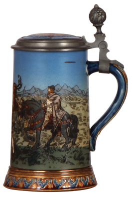 Mettlach stein, .5L, 2082, etched, William Tell, inlaid lid, mint. - 2