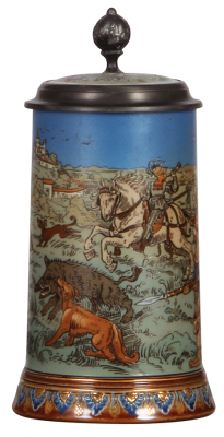 Mettlach stein, .5L, 2083, etched, Boar Hunt, inlaid lid, mint.