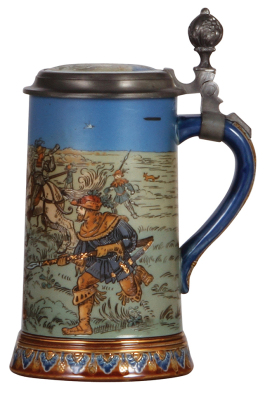 Mettlach stein, .5L, 2083, etched, Boar Hunt, inlaid lid, mint. - 2