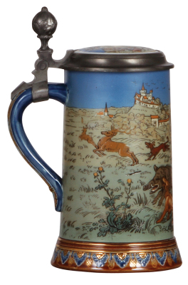 Mettlach stein, .5L, 2083, etched, Boar Hunt, inlaid lid, mint. - 3