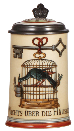 Mettlach stein, .5L, 2074, etched, Bird in a Cage, inlaid lid, mint.