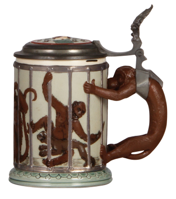 Mettlach stein, .4L, 2106, decorated relief, Monkeys in a Cage, inlaid lid, mint.