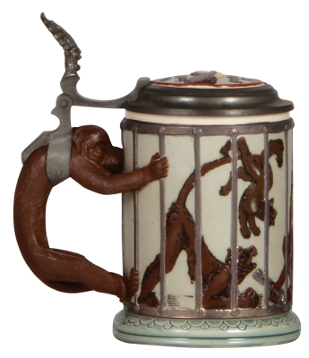 Mettlach stein, .4L, 2106, decorated relief, Monkeys in a Cage, inlaid lid, mint. - 2