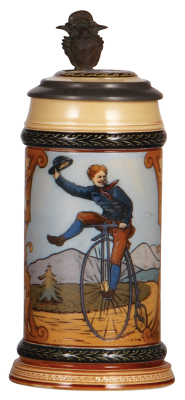 Mettlach stein, .5L, 1566, etched, high-wheel bicycle, by Gorig, inlaid lid, mint.