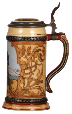 Mettlach stein, .5L, 1566, etched, high-wheel bicycle, by Gorig, inlaid lid, mint. - 2