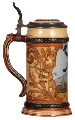 Mettlach stein, .5L, 1566, etched, high-wheel bicycle, by Gorig, inlaid lid, mint. - 3