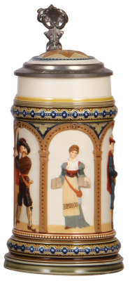 Mettlach stein, .5L, 1809, decorated relief, inlaid lid, mint.