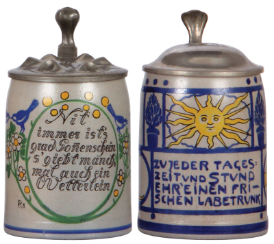 Two stoneware steins, .5L, transfer & hand-painted, marked M & W Gr., by F. Ringer, pewter lid, mint; with, .5L, marked R. Merkelbach, by F. Ringer, pewter lid, mint.