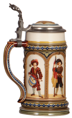 Mettlach stein, .5L, 1809, decorated relief, inlaid lid, mint. - 3