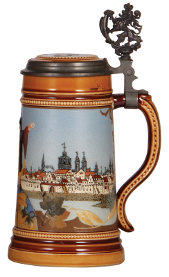 Mettlach stein, .5L, 2585, etched & decorated relief, inlaid lid, mint. - 2