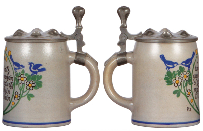 Two stoneware steins, .5L, transfer & hand-painted, marked M & W Gr., by F. Ringer, pewter lid, mint; with, .5L, marked R. Merkelbach, by F. Ringer, pewter lid, mint. - 2