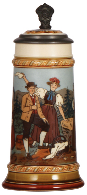 Mettlach stein, .5L, 2768, etched, inlaid lid, mint.