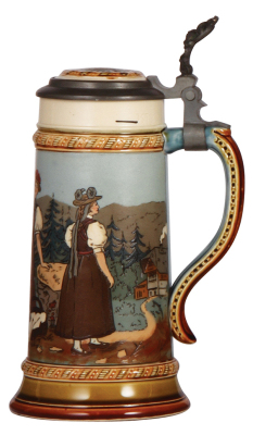 Mettlach stein, .5L, 2768, etched, inlaid lid, mint. - 2