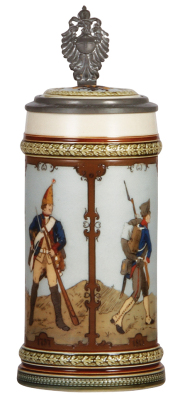 Mettlach stein, .5L, 1934, etched, inlaid lid, mint.