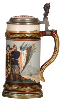 Mettlach stein, .5L, 1732, etched, by C. Warth, inlaid lid, small unglazed area on inside of inlay, otherwise mint. - 2