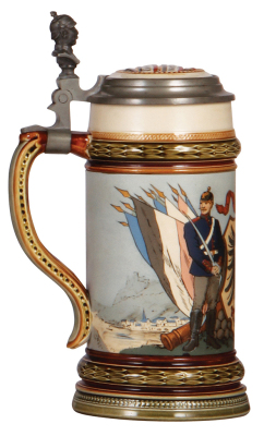 Mettlach stein, .5L, 1732, etched, by C. Warth, inlaid lid, small unglazed area on inside of inlay, otherwise mint. - 3