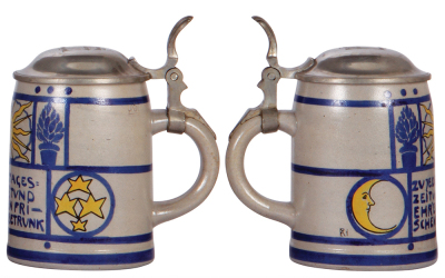 Two stoneware steins, .5L, transfer & hand-painted, marked M & W Gr., by F. Ringer, pewter lid, mint; with, .5L, marked R. Merkelbach, by F. Ringer, pewter lid, mint. - 3