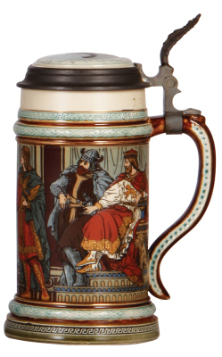 Mettlach stein, .5L, 2402, etched, inlaid lid, mint. - 2