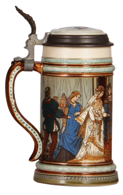 Mettlach stein, .5L, 2402, etched, inlaid lid, mint. - 3