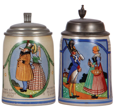 Two stoneware steins, .5L, transfer & hand-painted, marked F. & M.N. by F. Ringer, pewter lid, a little base wear; with, .5L, marked F. & M.N., by F. Ringer, pewter lid, mint.