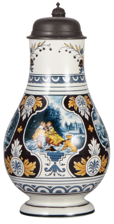 Mettlach stein, 4.6L, 15.7" ht., 5002, Faience, pewter lid, mint.