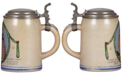 Two stoneware steins, .5L, transfer & hand-painted, marked F. & M.N. by F. Ringer, pewter lid, a little base wear; with, .5L, marked F. & M.N., by F. Ringer, pewter lid, mint. - 2