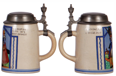 Two stoneware steins, .5L, transfer & hand-painted, marked F. & M.N. by F. Ringer, pewter lid, a little base wear; with, .5L, marked F. & M.N., by F. Ringer, pewter lid, mint. - 3