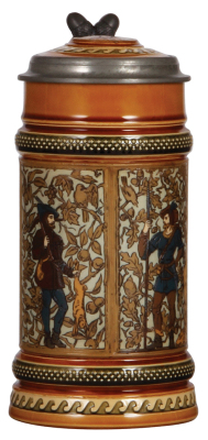 Mettlach stein, 1.0L, 1154, etched, hunting scenes, inlaid lid, mint.