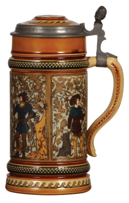 Mettlach stein, 1.0L, 1154, etched, hunting scenes, inlaid lid, mint. - 2