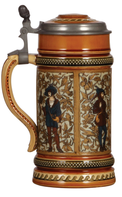 Mettlach stein, 1.0L, 1154, etched, hunting scenes, inlaid lid, mint. - 3