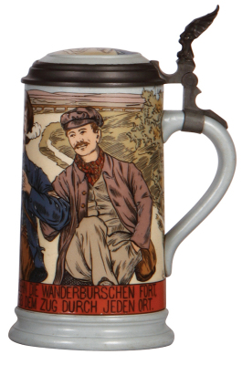 Mettlach stein, 1.0L, 2888, etched, inlaid lid, mint. - 2