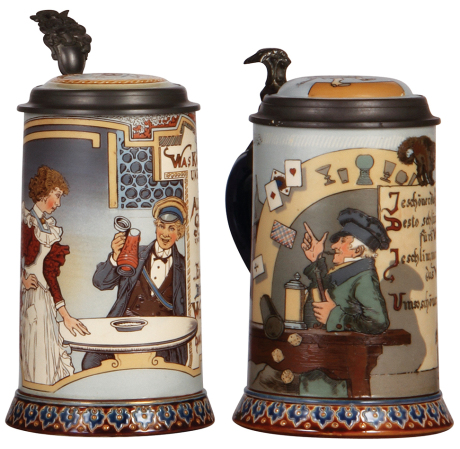 Two Mettlach steins, 1.0L, 2090, by H. Schlitt, & 1.0L, 2520, by H. Schlitt, etched, inlaid lids, both mint.