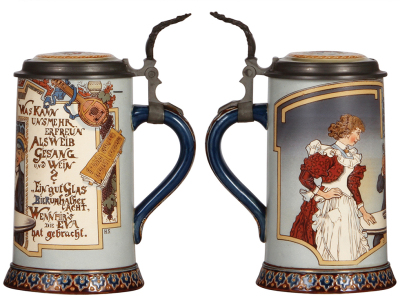 Two Mettlach steins, 1.0L, 2090, by H. Schlitt, & 1.0L, 2520, by H. Schlitt, etched, inlaid lids, both mint. - 2