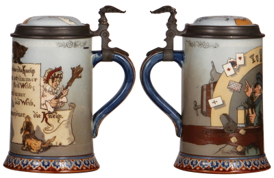 Two Mettlach steins, 1.0L, 2090, by H. Schlitt, & 1.0L, 2520, by H. Schlitt, etched, inlaid lids, both mint. - 3