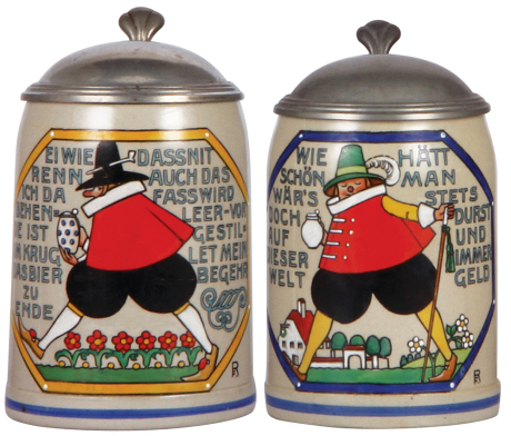Two stoneware steins, .5L, transfer & hand-painted, marked Marzi & Remy, by F. Ringer, pewter lid, mint; with, .5L, marked Marzi & Remy, by F. Ringer, pewter lid, mint.