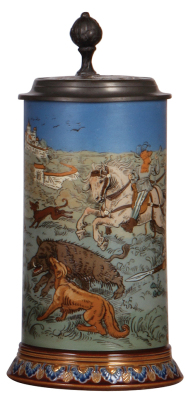 Mettlach stein, 1.0L, 2083, etched, Boar Hunt, inlaid lid, mint.