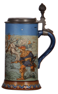 Mettlach stein, 1.0L, 2083, etched, Boar Hunt, inlaid lid, mint. - 2